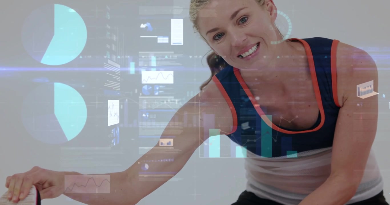 Video verticale: Donna che si sistema la scarpa, in abbigliamento da palestra, si muove per fare stretching da seduta in studio con grafici UI.
