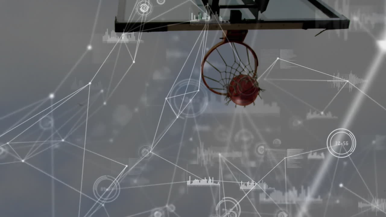 Data processing animation overlaying basketball hoop in school gym setting