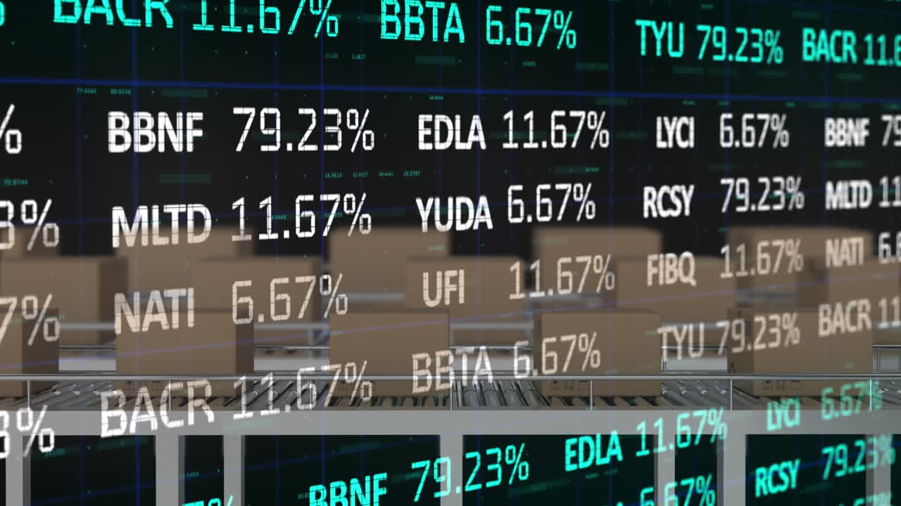 Animazione di elaborazione di dati finanziari su scatole su nastri trasportatori.