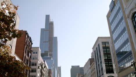 city street scene with modern skyscrapers