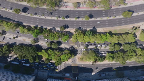 Timelapse-footage-of-a-top-down-aerial-shot-of-five-lengths-of-traffic-in-Botafogo-Bay-in-Rio-de-Janeiro-Brazil