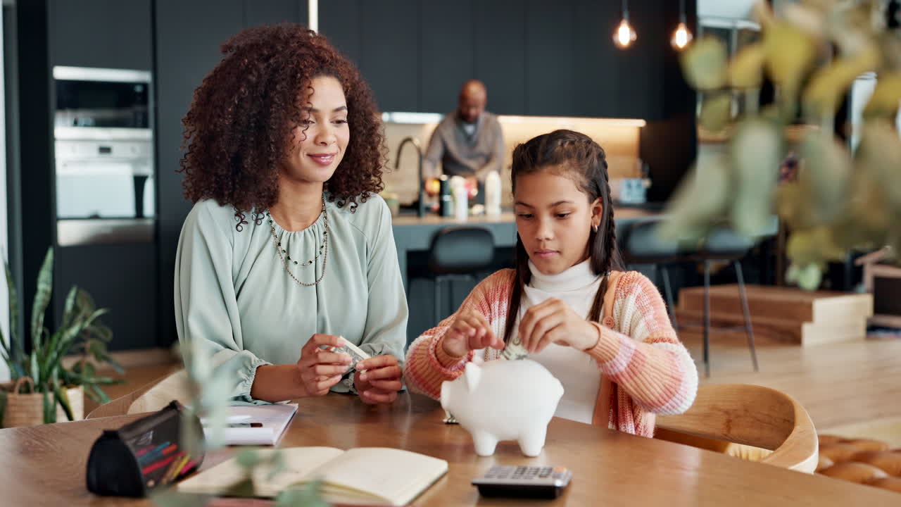 Mother and daughter saving money in a piggy bank at home
