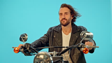 motorbike, freedom and man in studio on blue