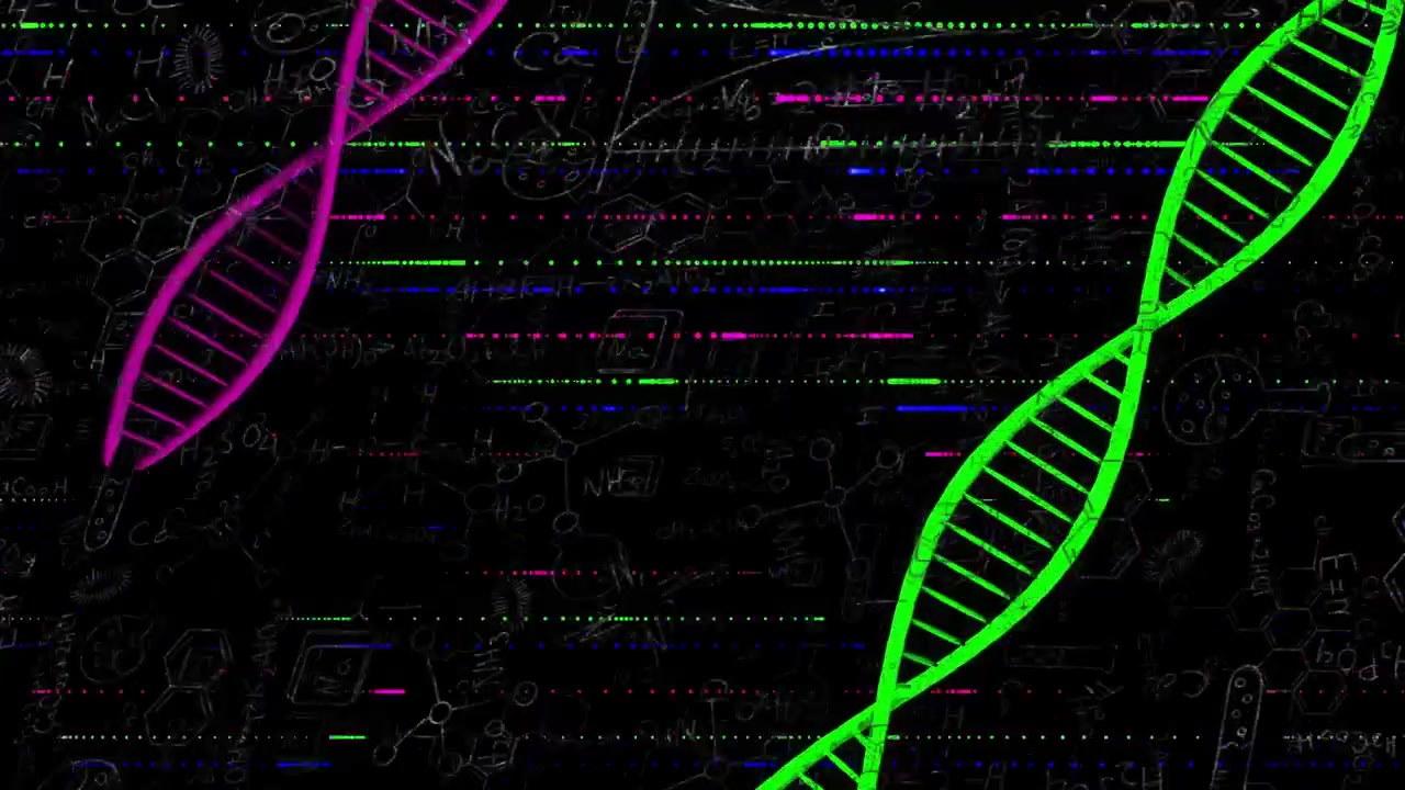 Scanline pulse initiating neon green and magenta helices sliding and rotating showing data