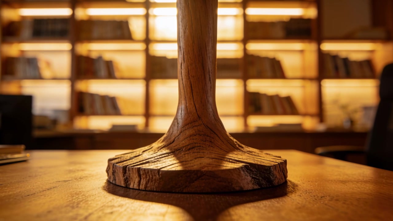 Delicato movimento in avanti della telecamera che mostra un piedistallo in legno intagliato su una scrivania da studio, rivelando le venature e i ripiani illuminati.
