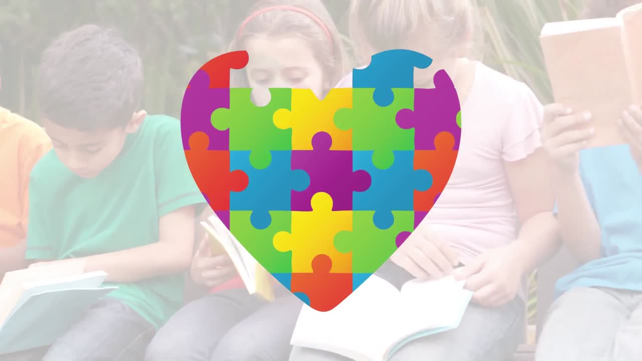 animación del símbolo del mes de concienciación sobre el autismo con niños leyendo libros