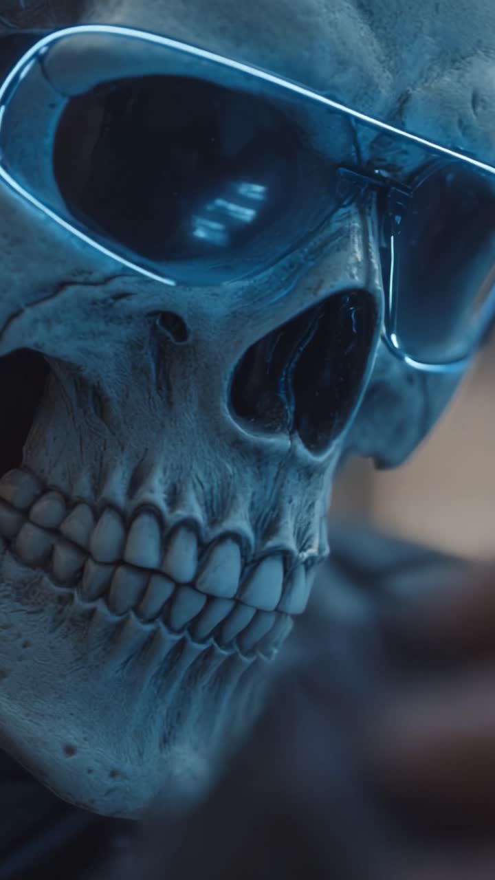 Una figura di scheletro cool con occhiali da sole catturata in un fotogramma video, che mostra dettagli intricati e uno stile unico, perfetta per Halloween o per i collezionisti d'arte unica.