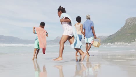 african american couple walking with children on sunny beach