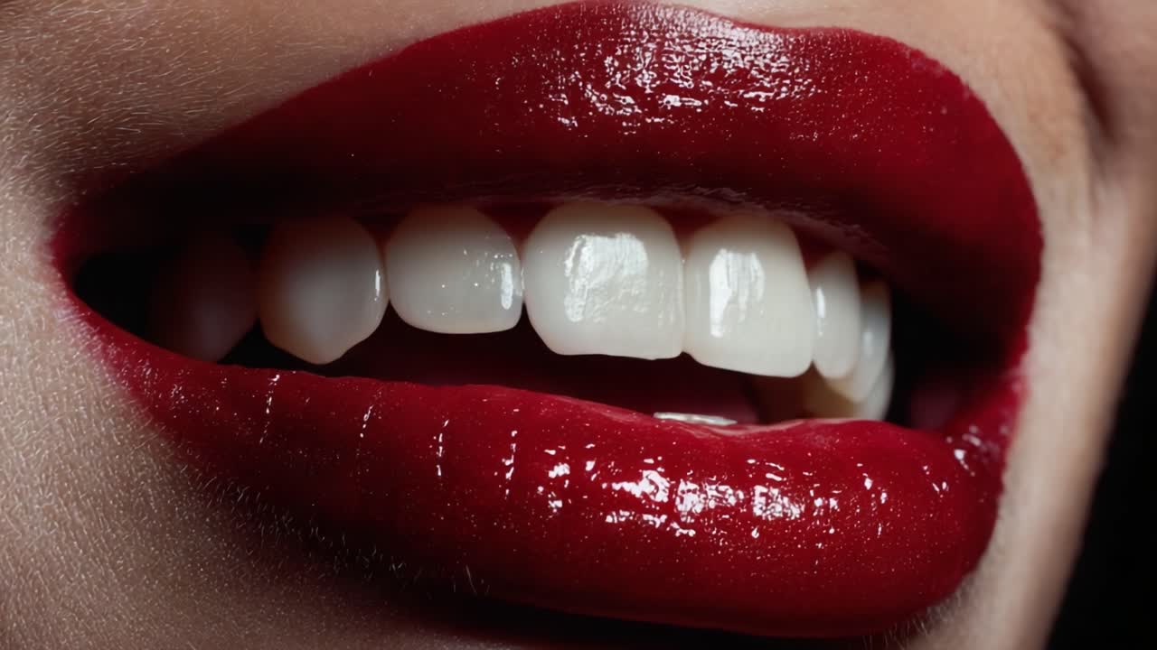 Close-Up View of Vibrantly Glossy Red Lips with Perfectly White Teeth Showcasing an Captivating Expression and Alluring Beauty in an Artistic Portrait