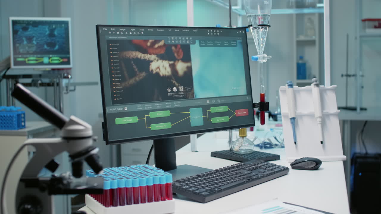 Laboratory research with microscope and DNA analysis on computer