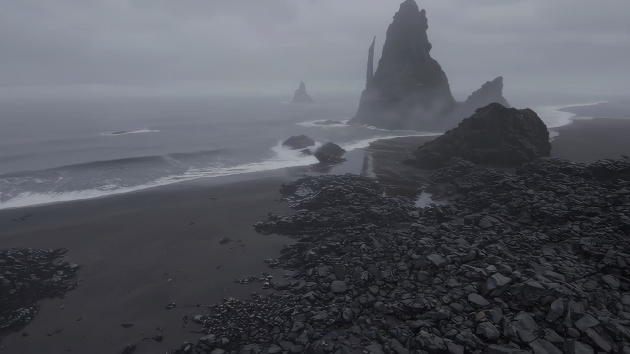 Dramatic Coastal Landscape of Reynisfjara Black Sand Beach with Reynisdrangar Sea Stacks in Misty Weather