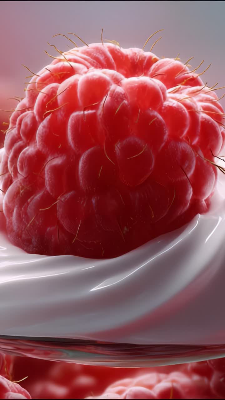 Close-Up of a Fresh Raspberry Nestled on Smooth Creamy Yogurt, Highlighting the Juicy Texture and Vibrant Red Color Against a Soft Background