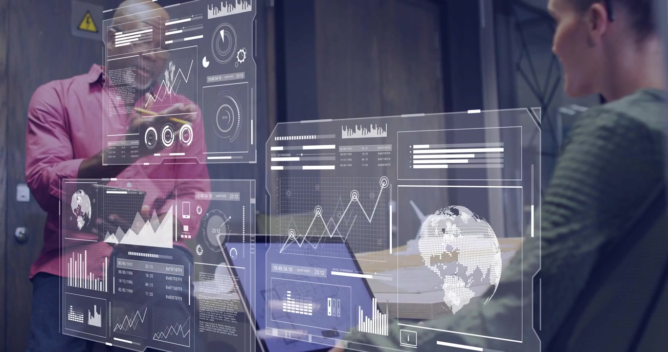 Manager tapping tablet and pointing, analyst scrolling laptop, reviewing floating data dashboards