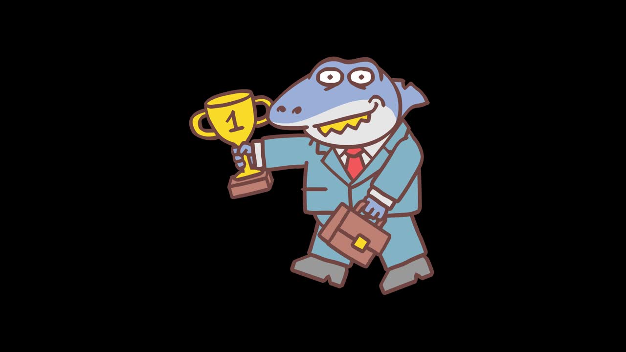 el jefe tiburón sostiene la copa de oro sostiene la maleta y camina. animación cuadro por cuadro. canal alfa
