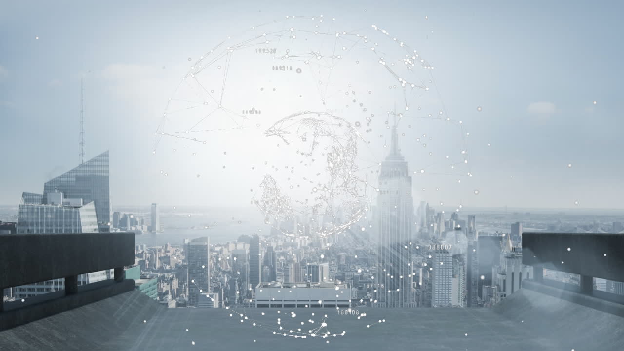 Digital network connections animation over cityscape with skyscrapers and buildings