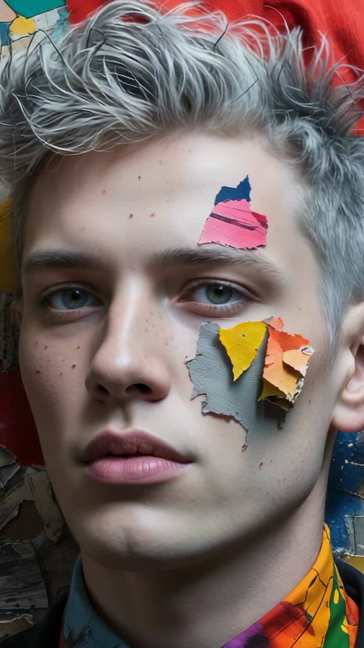 Vertical video: Recording male model lowering eyelids in studio, showing paper collage and collar
