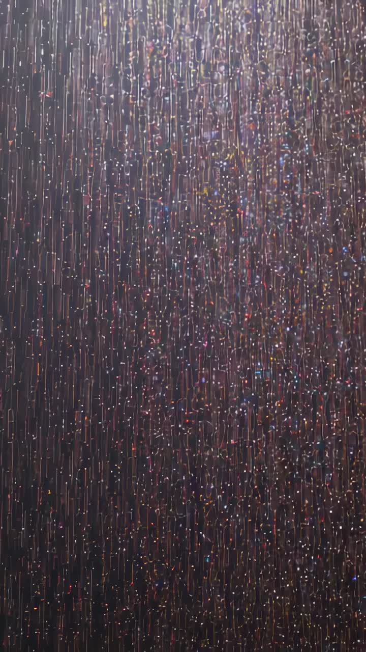 Vertical video: Rain hitting windowpane sending droplets into vertical streaks inside, color specks