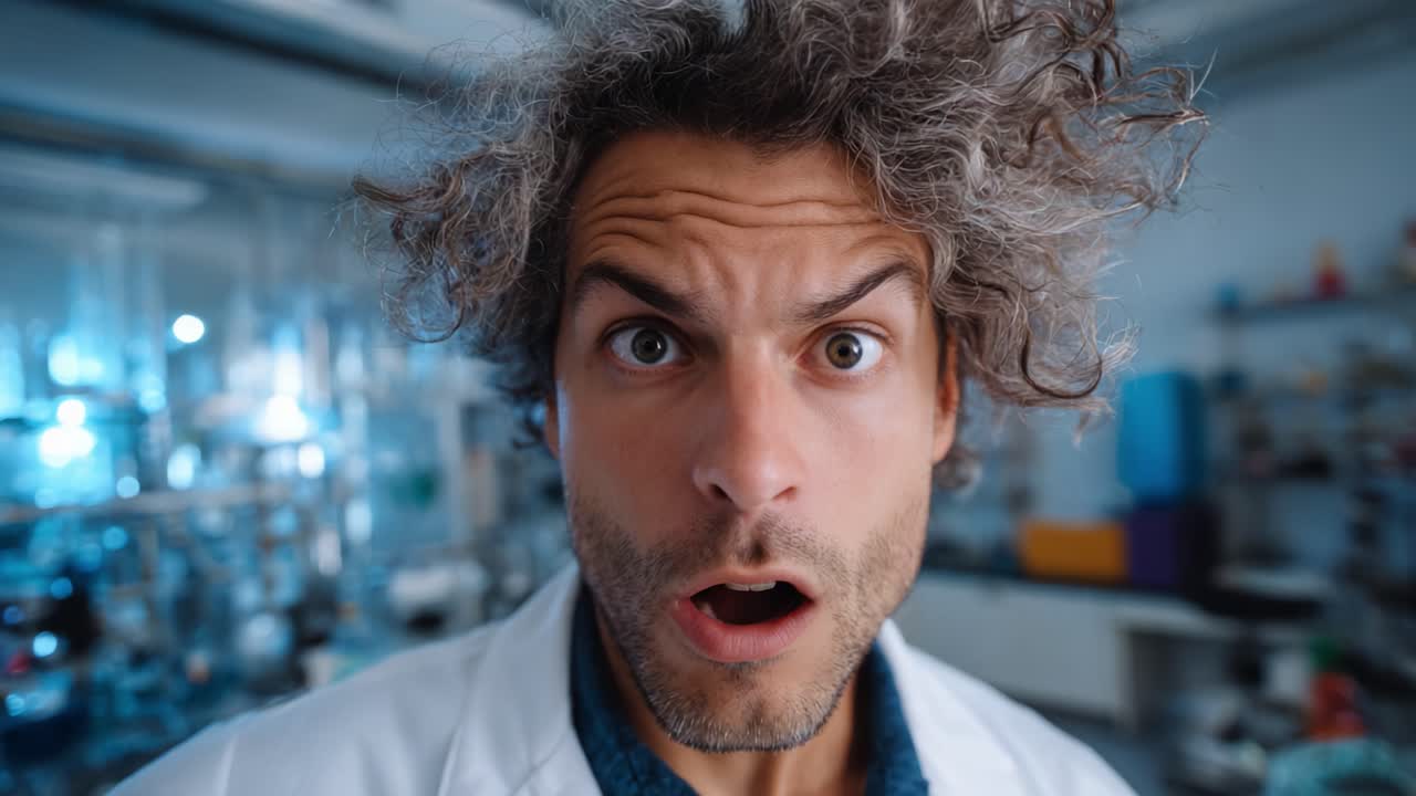 Surprised Scientist Reacts to a Crazy Experiment in a High-Tech Laboratory Setting, Capturing the Essence of Innovation and Discovery in a Dramatic Moment