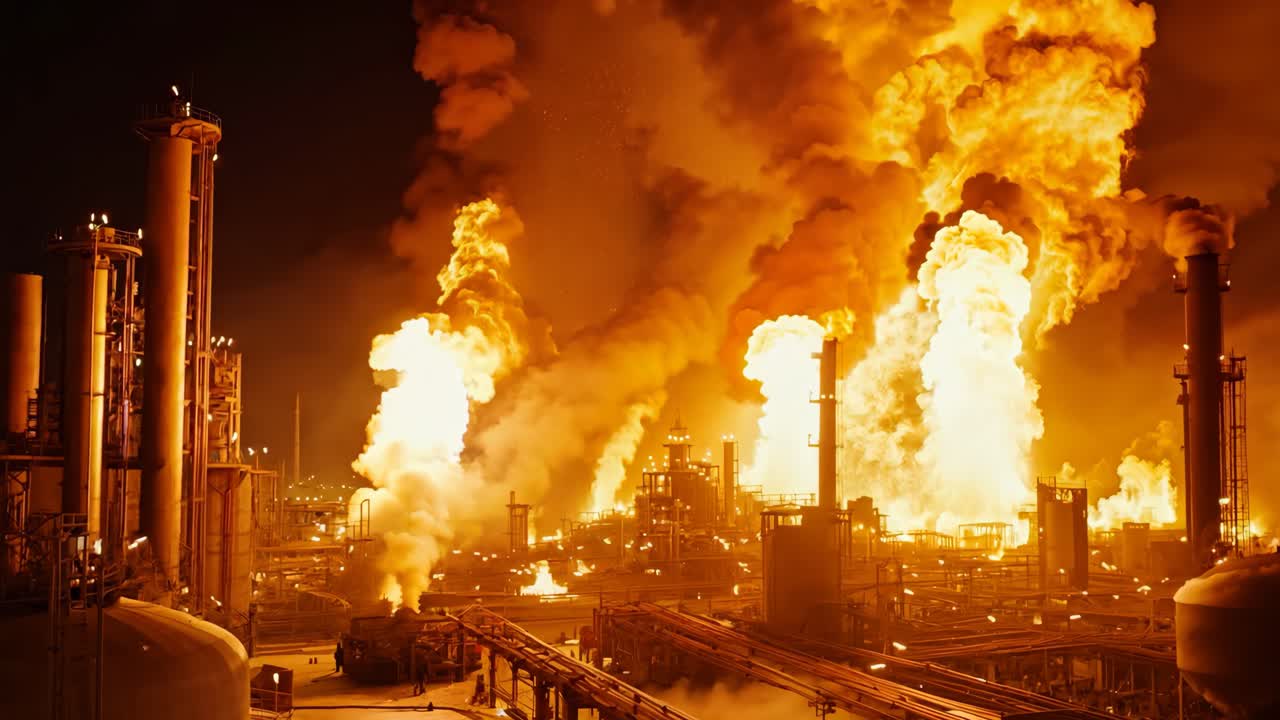 많은 연기가 나오는 큰 산업 공장