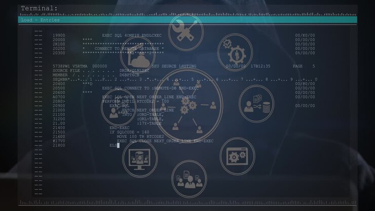 Netværk af digitale ikoner over en skærm med databehandling mod en mandlig hacker, der bruger en computer