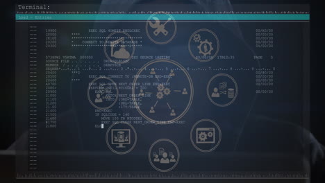 red de iconos digitales sobre la pantalla con procesamiento de datos contra un hacker masculino que usa computadora