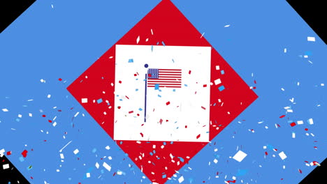 animation of confetti and flag in red, white and blue of united states of america