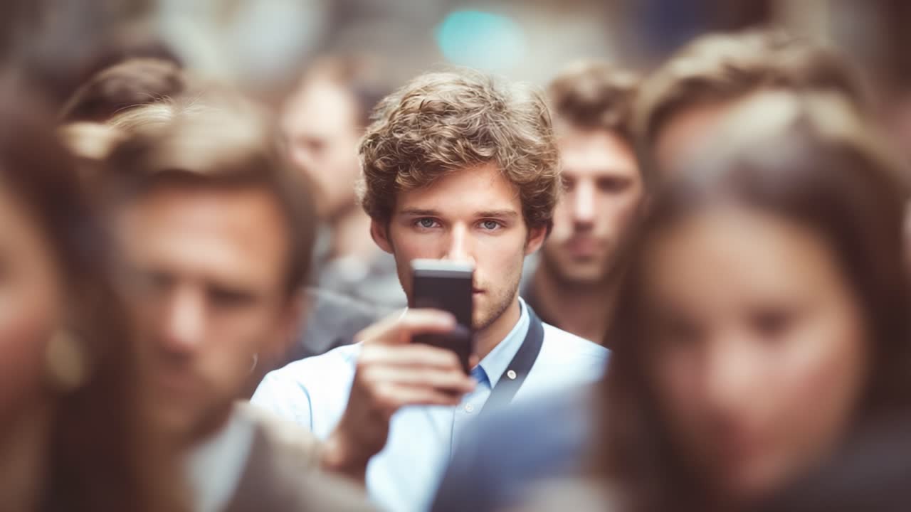 A Focused Individual Amidst the Crowd: Capturing the Essence of Modern Connectivity through Technology and Social Interaction