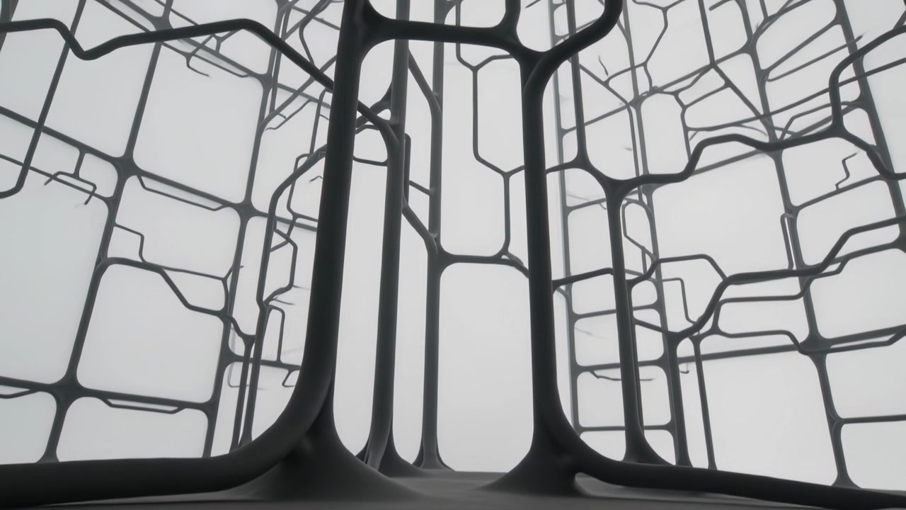 Tilting camera revealing dark tubular lattice and vertical supports to showcase modular structure