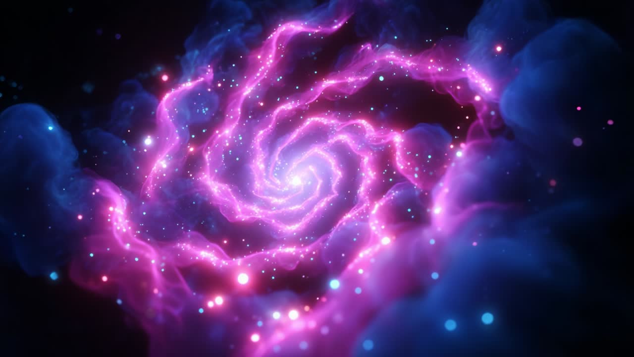 A stunning visual representation of a spiral galaxy, showcasing swirling clouds of gas and vibrant stars. This captivating cosmic phenomenon glows with pink and blue hues, illustrating the beauty of the universe