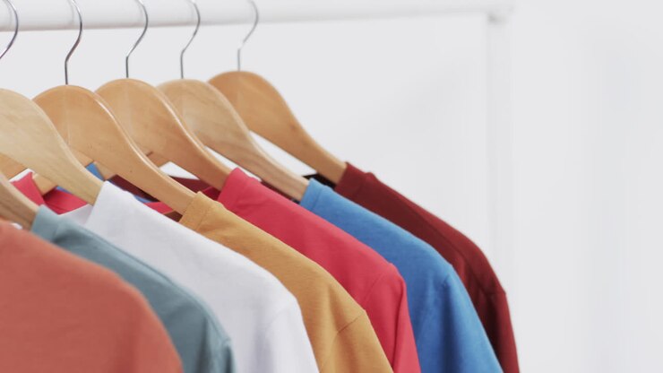 Video of selection of multi coloured t shirts on hangers and copy space on white background
