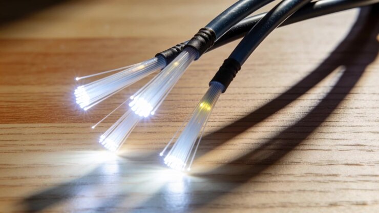 Pulsing after LED pulse, three fiber optic tips emitting white points on table, showing amber glow