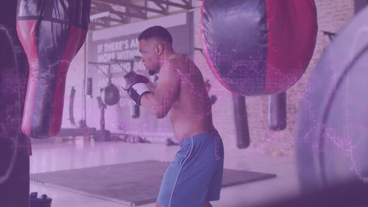 권투 체육관에서 운동하는 아프리카계 미국인 남성에 대한 데이터 처리 애니메이션