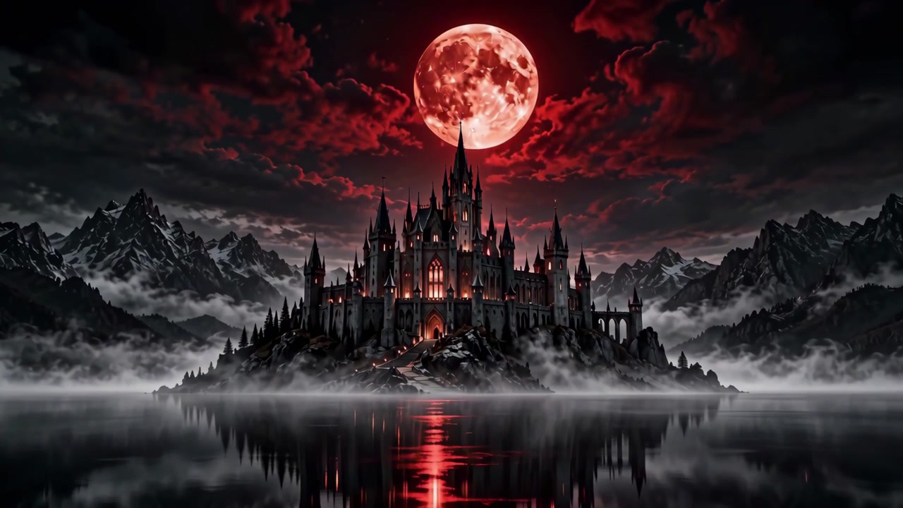 Gothic Castle on a Lake Under a Red Full Moon