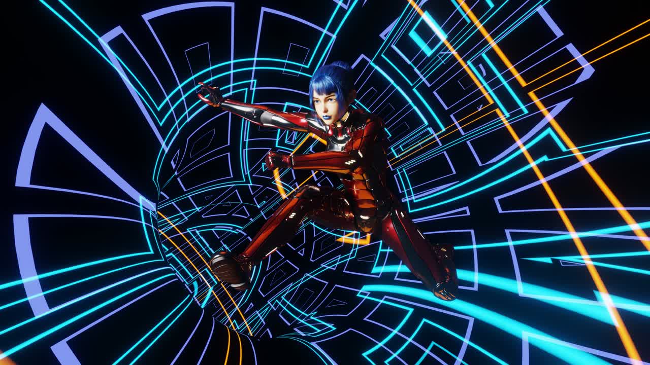 una animación de ciencia ficción de un vuelo de una chica en un túnel.