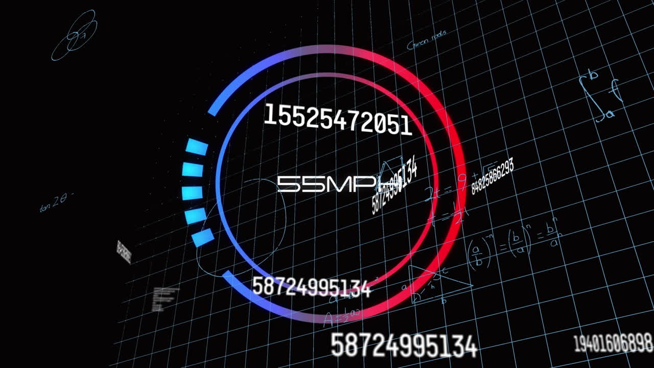 animación de múltiples números cambiantes sobre el velocímetro contra ecuaciones matemáticas