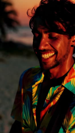 man playing guitar on a beach at sunset