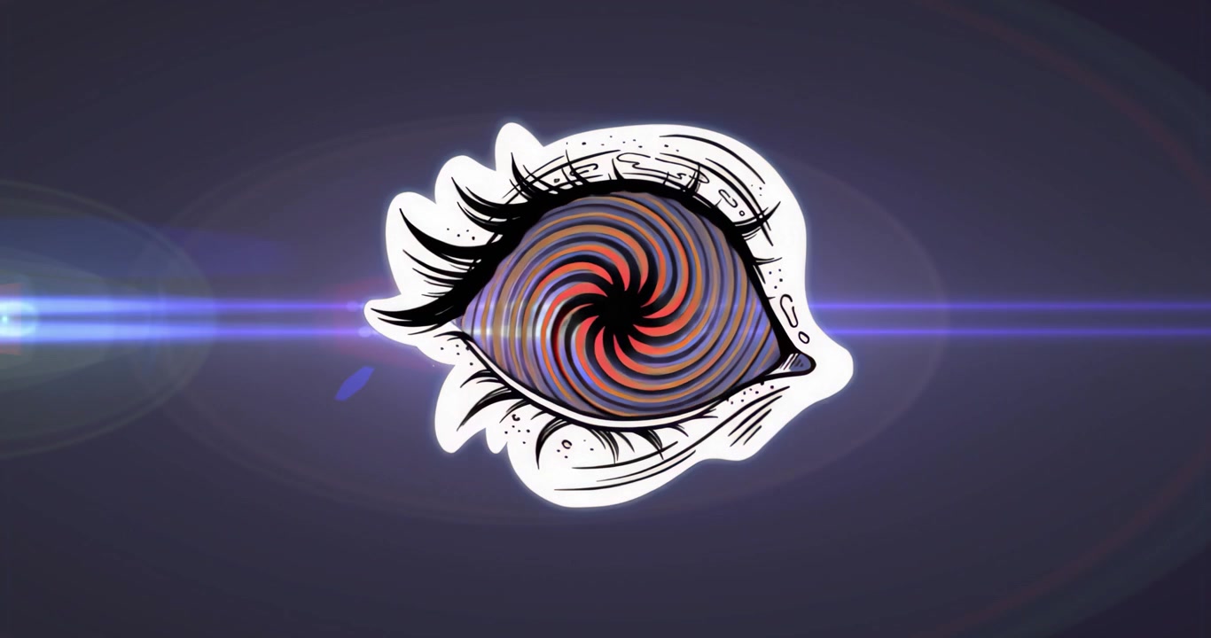 Při odhalení se spirálovitá zornice otáčí po směru hodinových ručiček, modrý odlesk objektivu pulzuje okem a vytváří hypnotické zaměření.