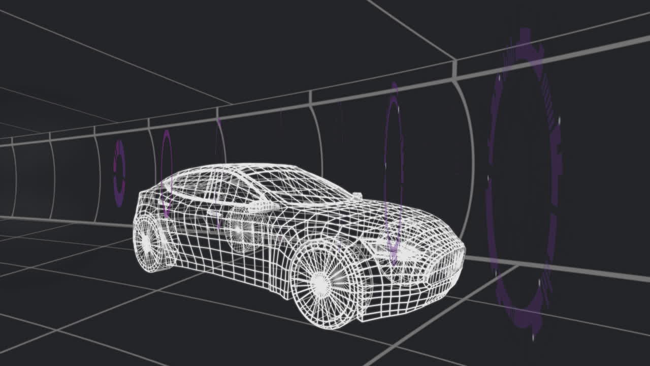 Wireframe sports car model cruising through digital tunnel, featuring grid walls and purple portals