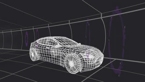 wireframe sports car model cruising through digital tunnel, featuring grid walls and purple portals