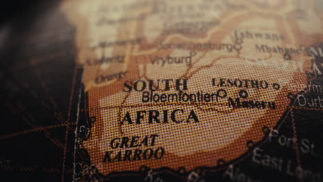 close-up of a vintage world map showing south africa