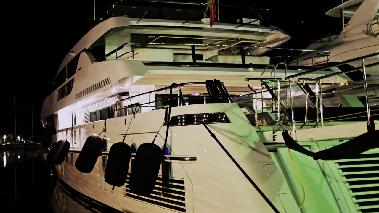 Close up of a white boat docked in the Port of Nice, France at night