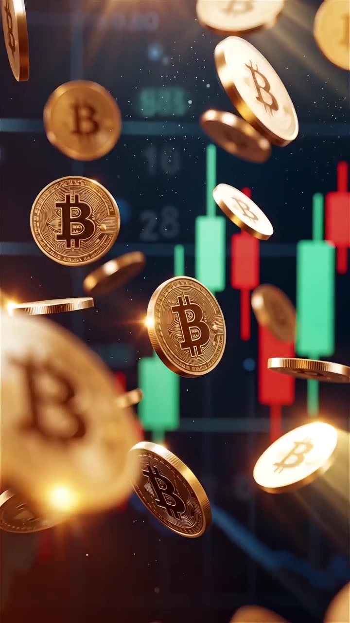Moedas de Bitcoin douradas com fundo de gráfico de velas desfocado 4K