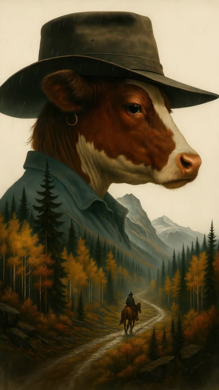 Concept video surreale di una mucca con cappello e camicia, che si fonde con un paesaggio montano