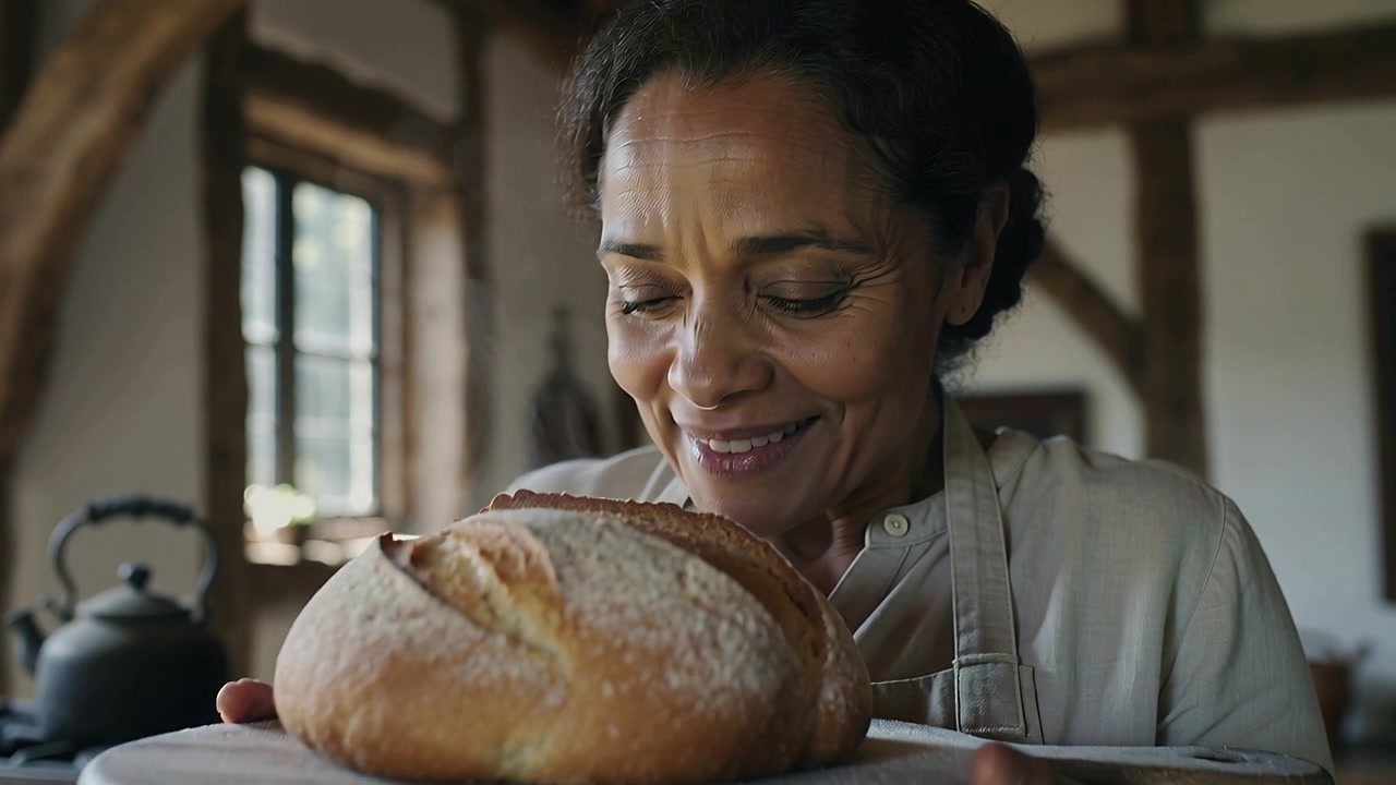 Presenting woman in shirt, apron holding loaf on peel, inhaling, inspecting crust in rustic kitchen