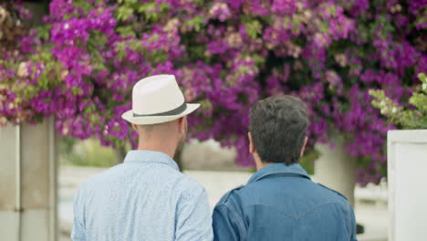 back view of homosexual men going to garden with lilac trees