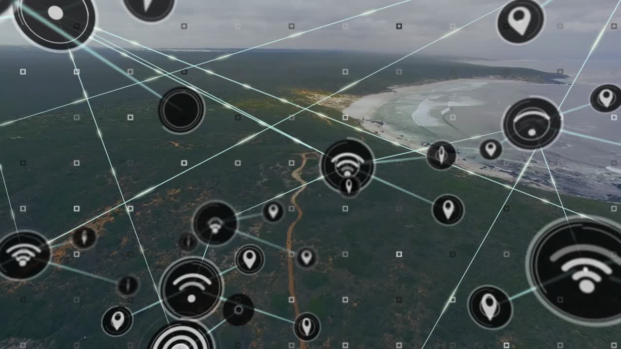 Flat design network overlay showing glowing WiFi and map pin icons linking above forest and beach
