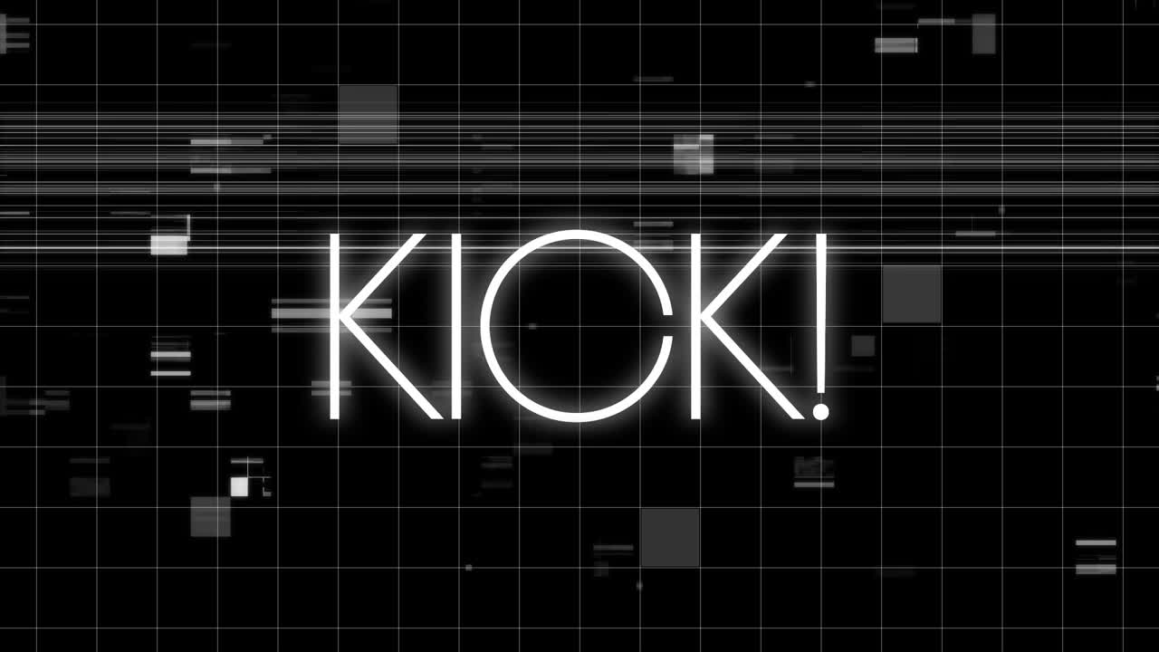 Animation of kick text in white over data processing and interference on black background