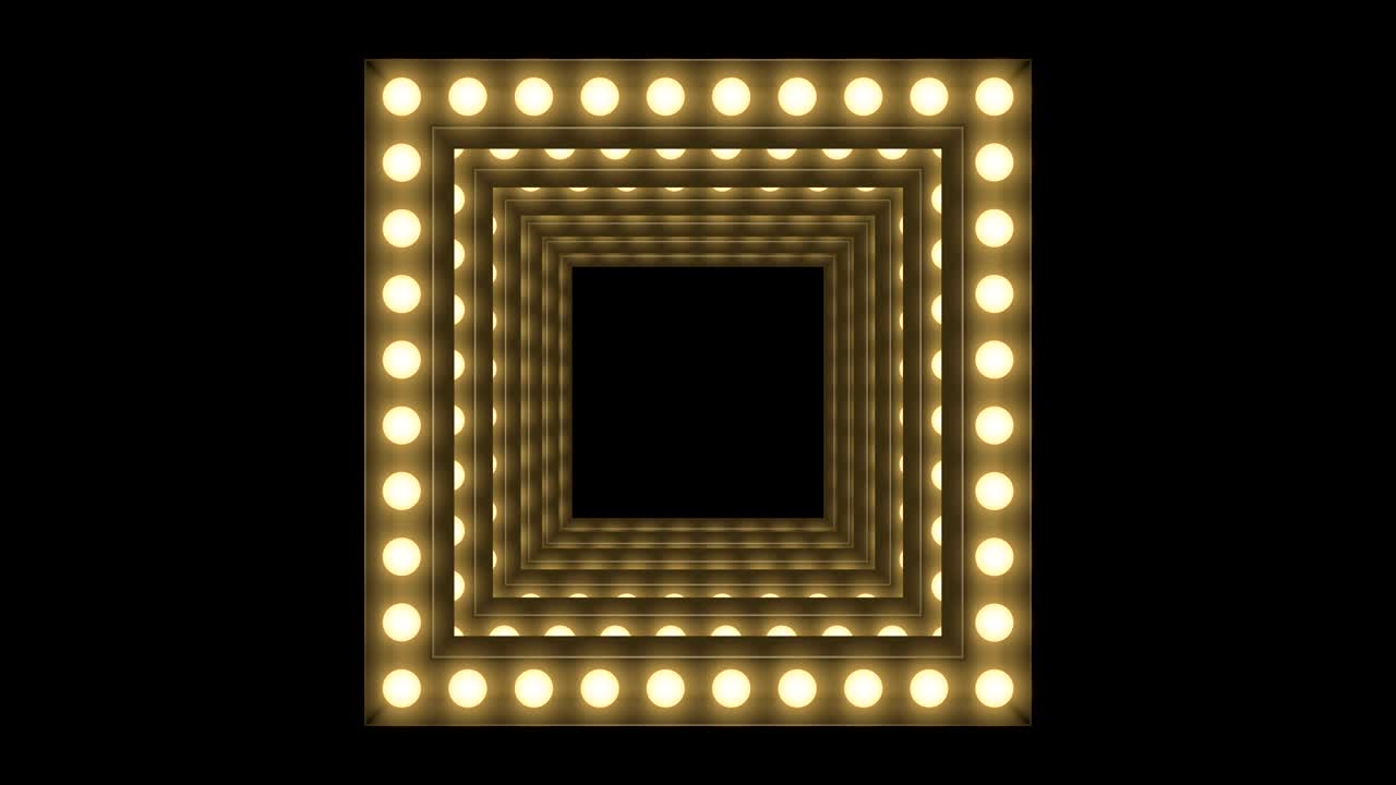 caja de bombilla incandescente de túnel marco forma cuadrada remolino girar patrón en movimiento, retro 3d estilo virtual ilustración brillo en fondo oscuro animación de bucle sin costuras 4k, con espacio de copia