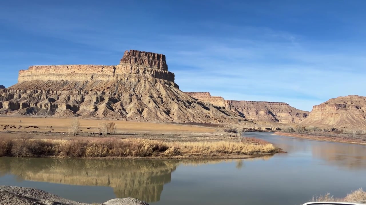 Driving by Green River, Mesa Rock Formations and Sandstone Landscape of Utah USA, Car Driver POV