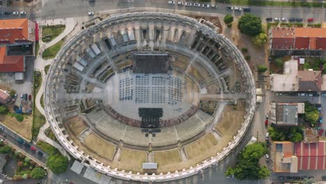 Aerial-View-Of-Pula-Arena-In-Pula,-Croatia---Historic-Roman-Amphitheatre-In-Istria